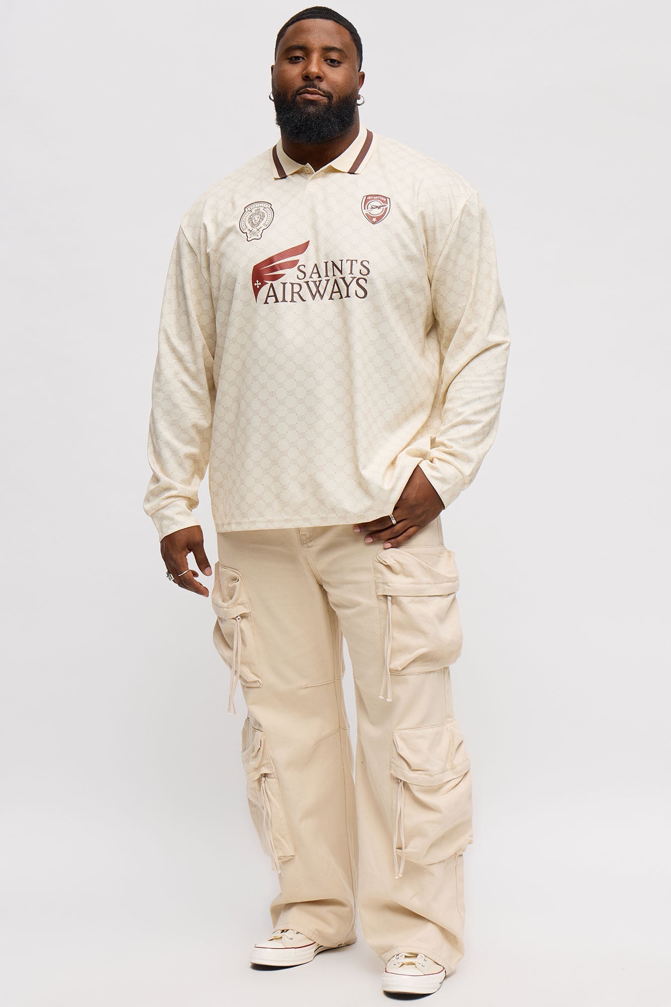 Saints Airways Long Sleeve Jersey Polo - Ivory Fashion Nova