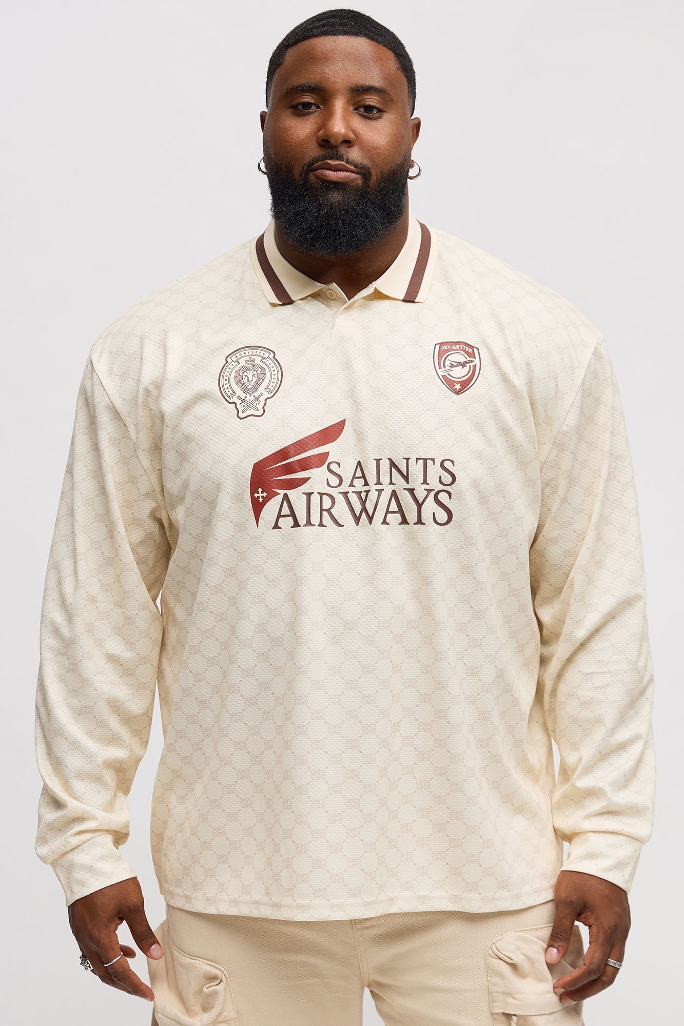 Saints Airways Long Sleeve Jersey Polo - Ivory Fashion Nova