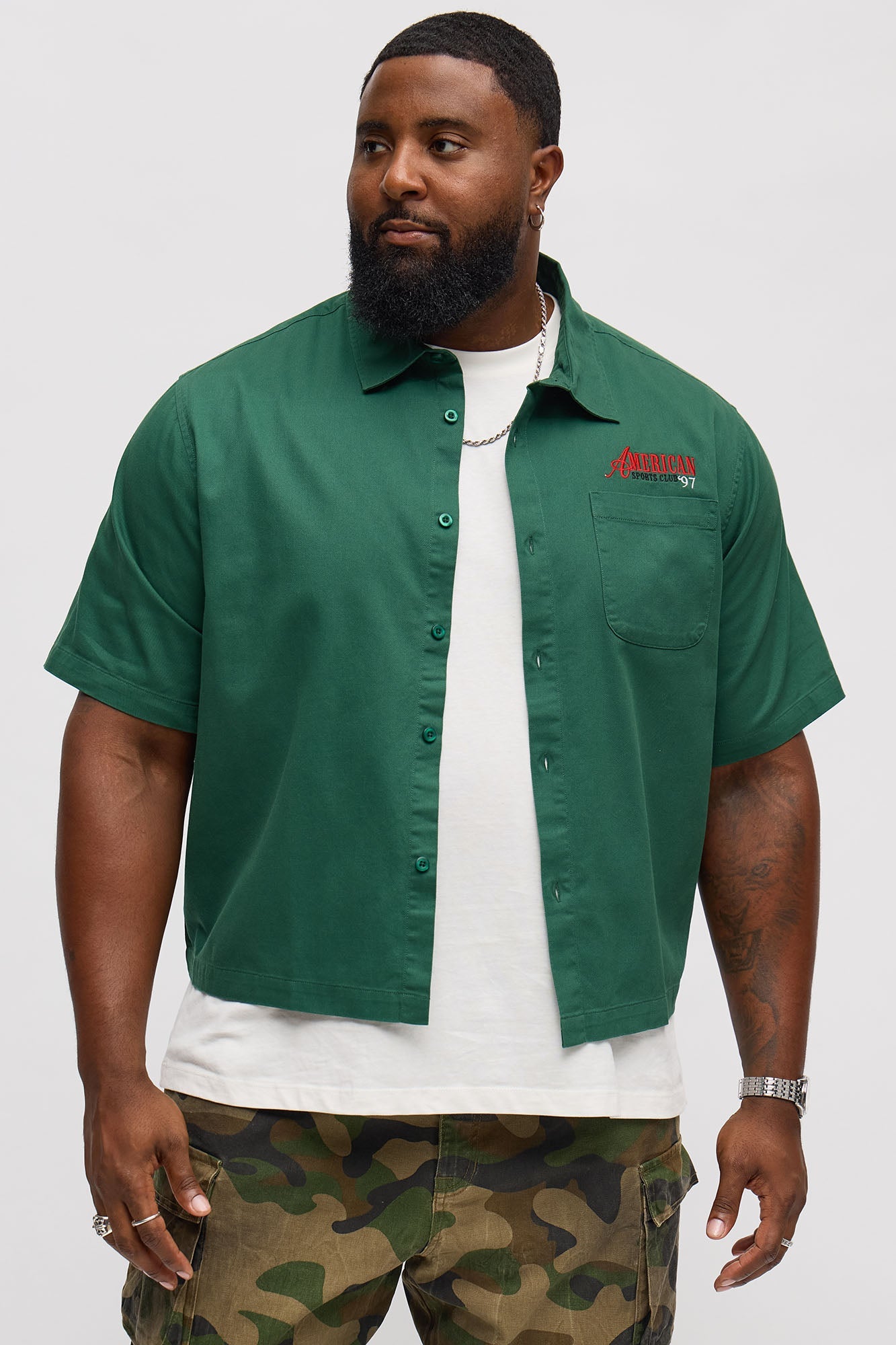 Cropped American Sports Club Mechanic Button Up Shirt - Green Fashion Nova