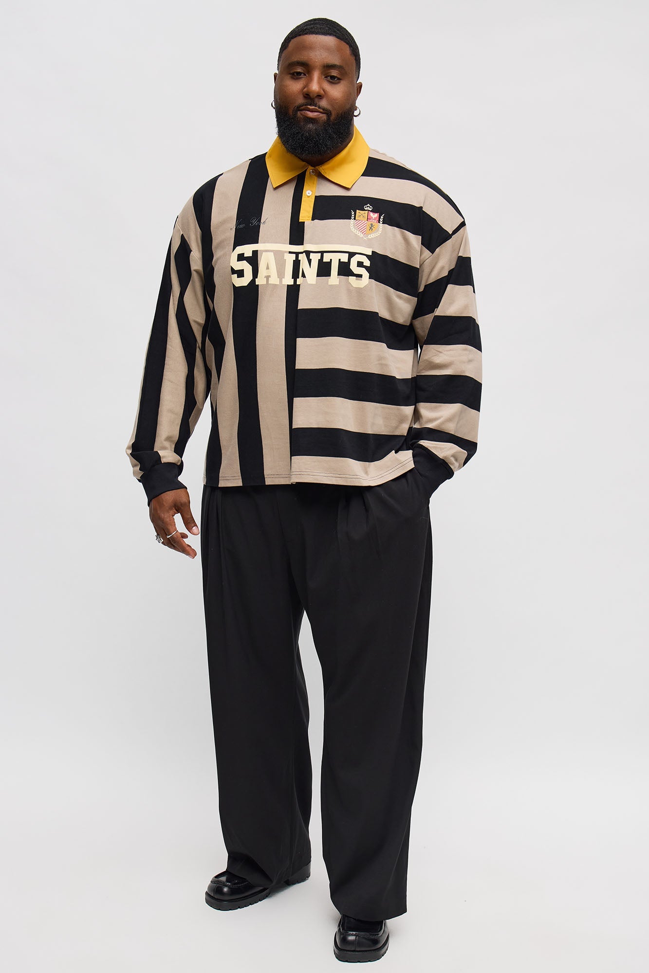 Cropped Saints Long Sleeve Rugby Polo - Black/combo Fashion Nova