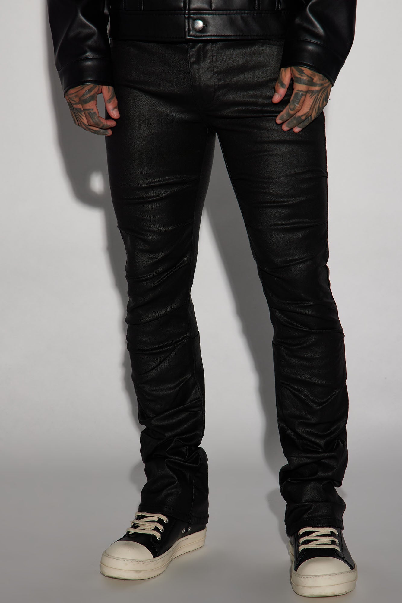 Live Wire Waxed Pleat Skinny Flare Pants - Black Fashion Nova