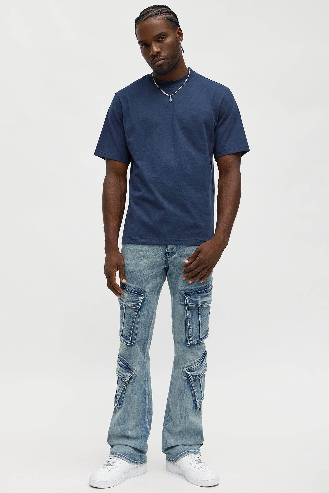 Stacked Skinny Flare Michel Cargo Jean - Medium Blue Wash Fashion Nova