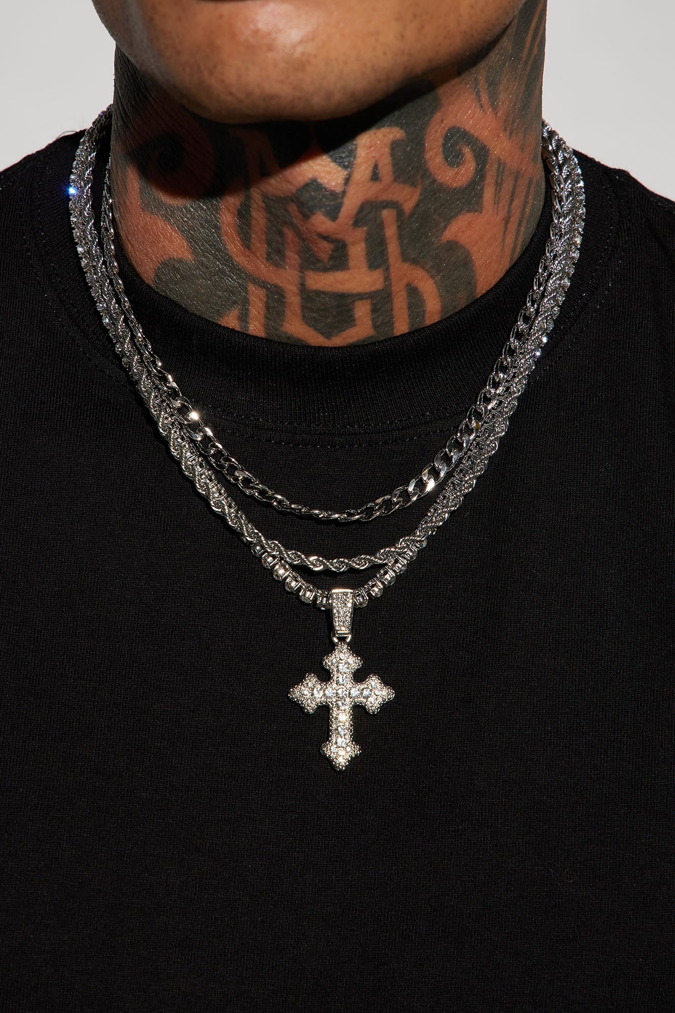 Iced Out Cross Out 3 Piece Chain Necklace - Silver Fashion Nova