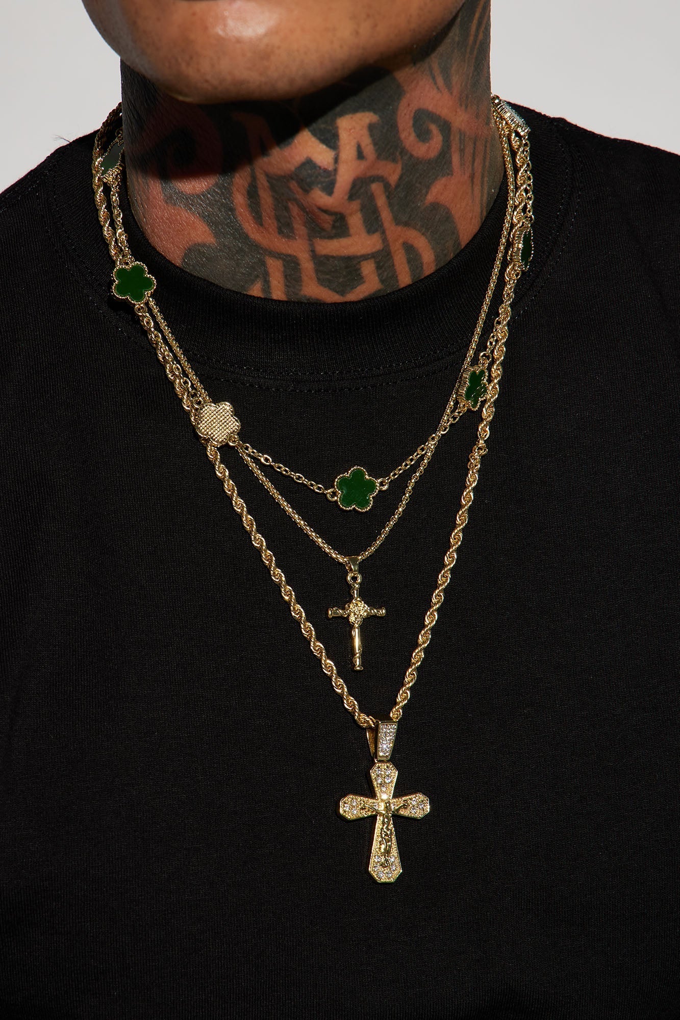 Lucky Cross Clover 3 Piece Chain Necklace - Gold Fashion Nova