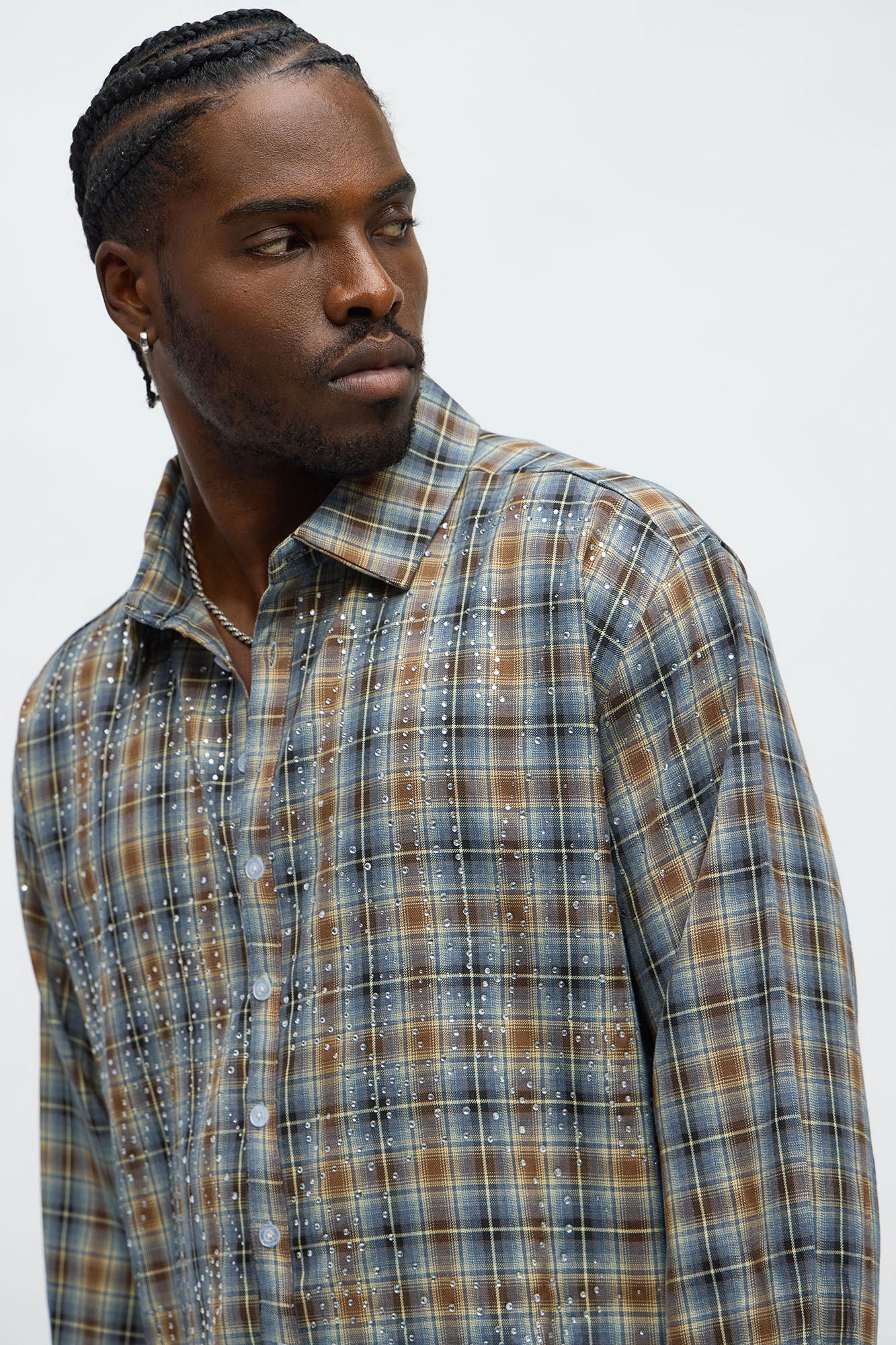 Cropped Starlit Rhinestone Plaid Flannel - Blue/combo Fashion Nova