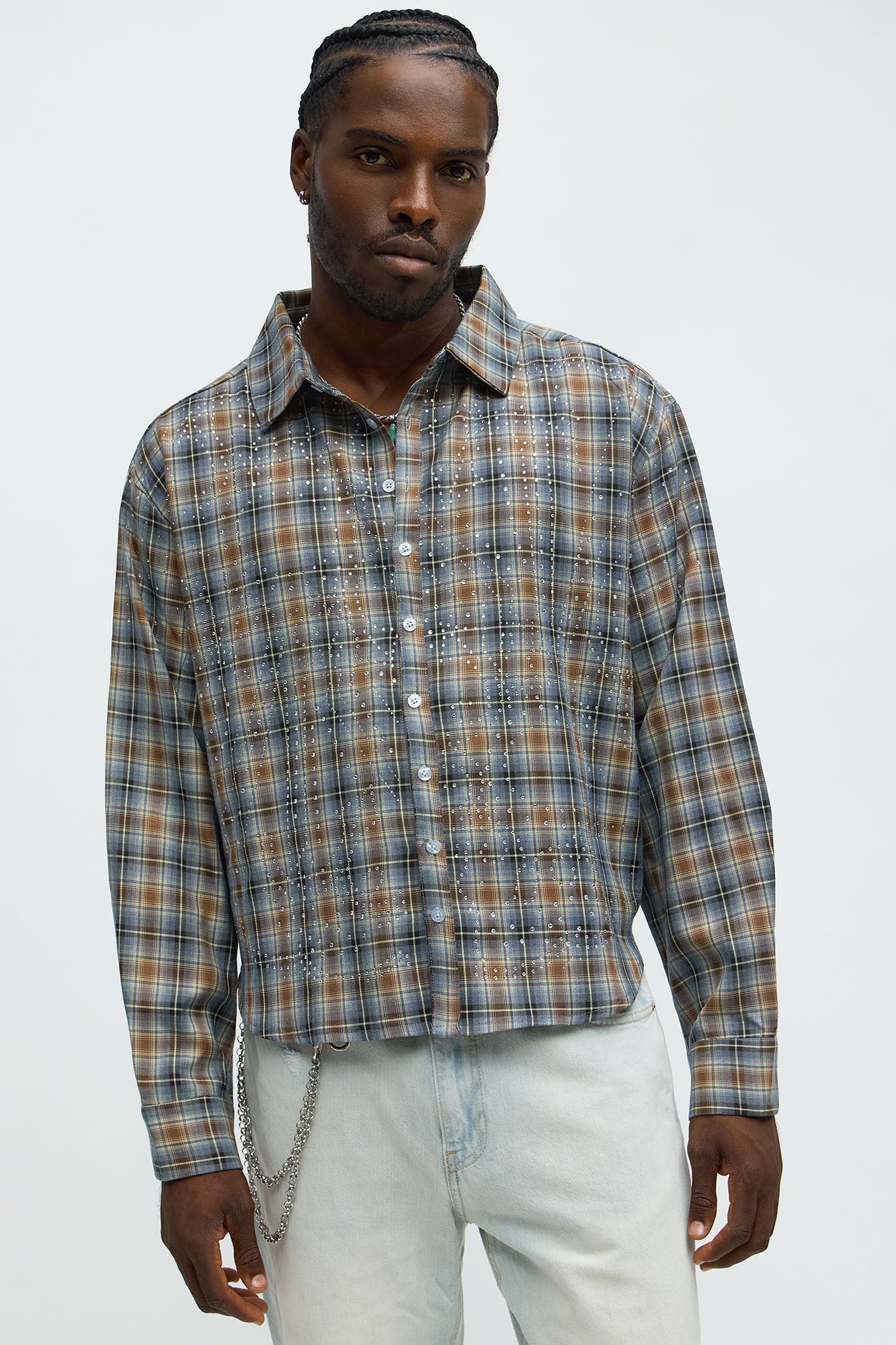 Cropped Starlit Rhinestone Plaid Flannel - Blue/combo Fashion Nova