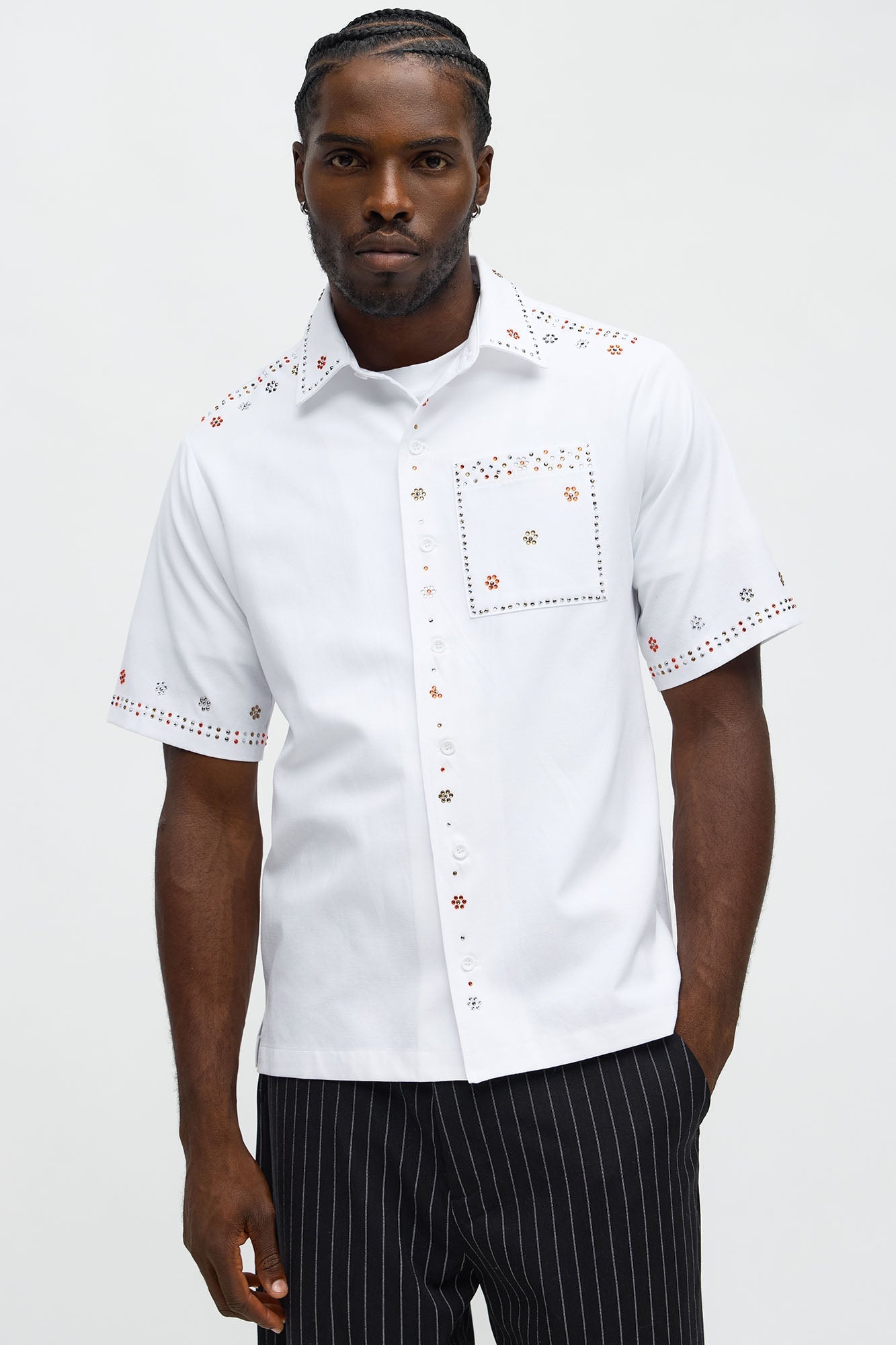 Midnight Blossom Rhinestone Button Up - White Fashion Nova