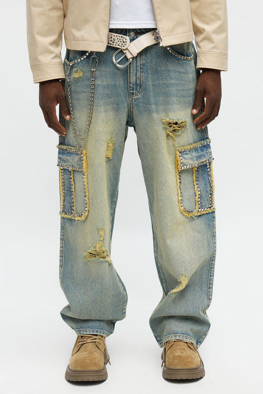 Baggy Studded Way Cargo Jean - Vintage Wash Fashion Nova