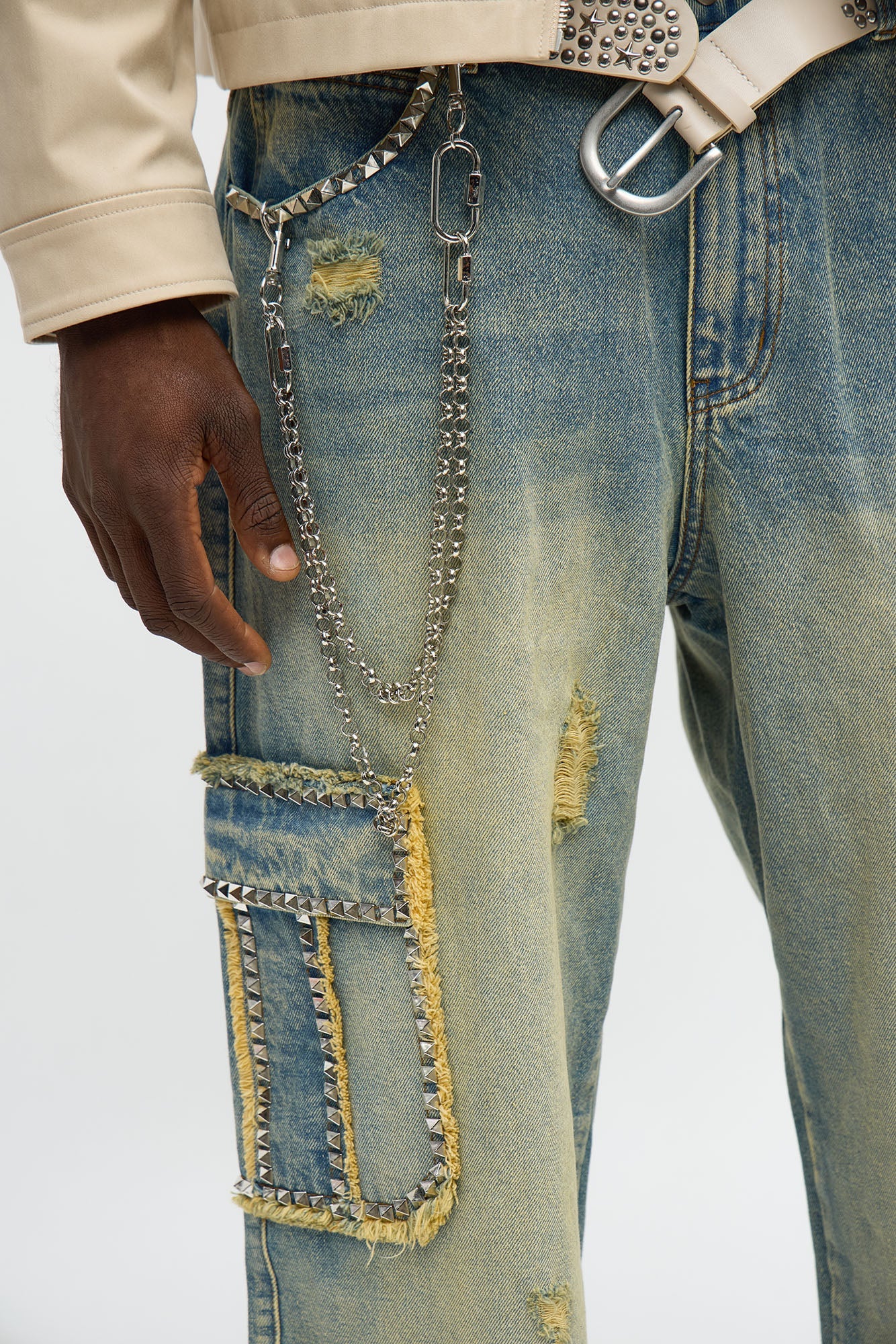 Baggy Studded Way Cargo Jean - Vintage Wash Fashion Nova