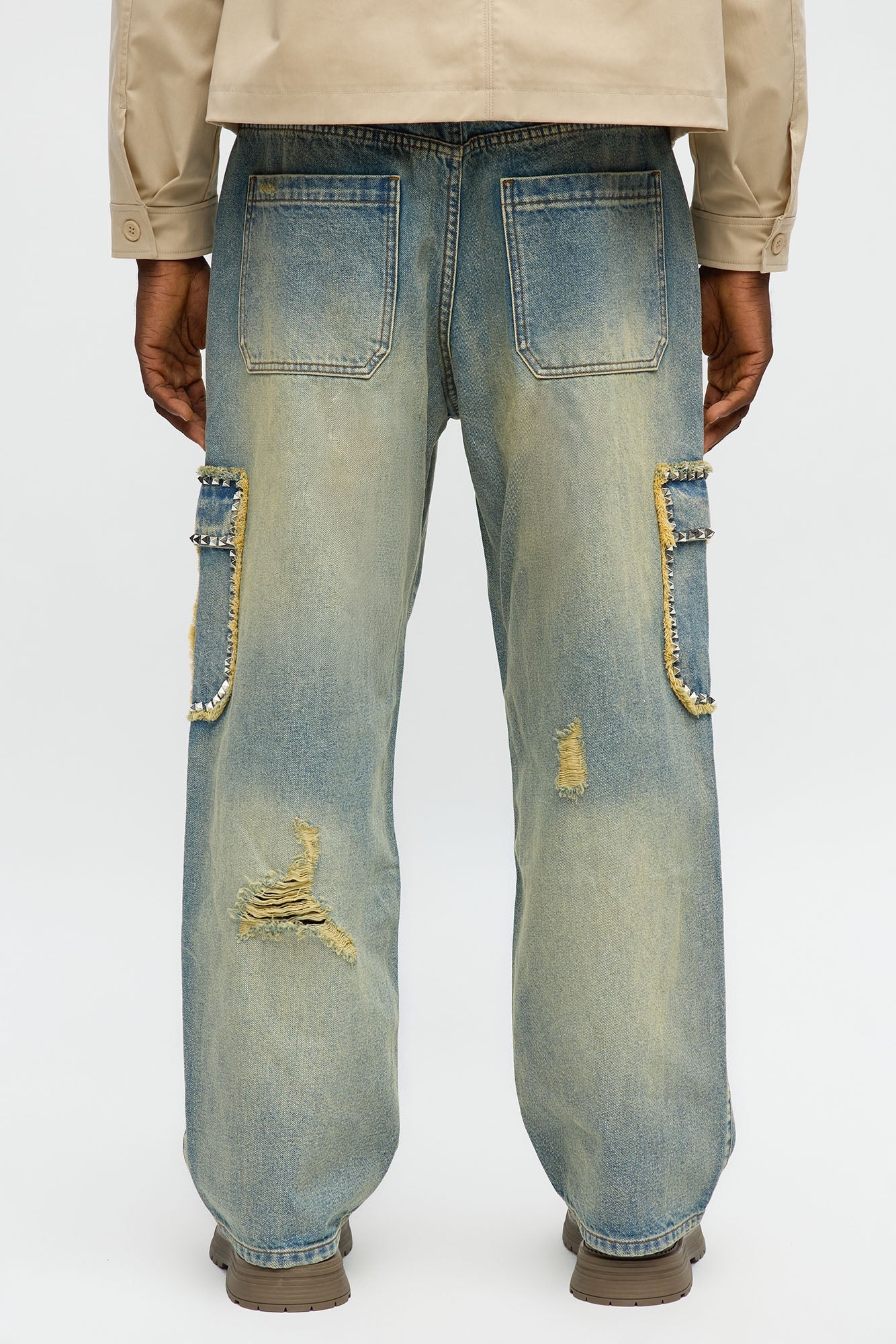 Baggy Studded Way Cargo Jean - Vintage Wash Fashion Nova