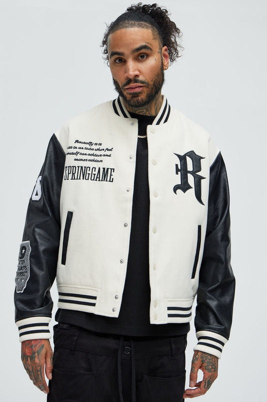 Spring Game Varsity Jacket - Cream Fashion Nova