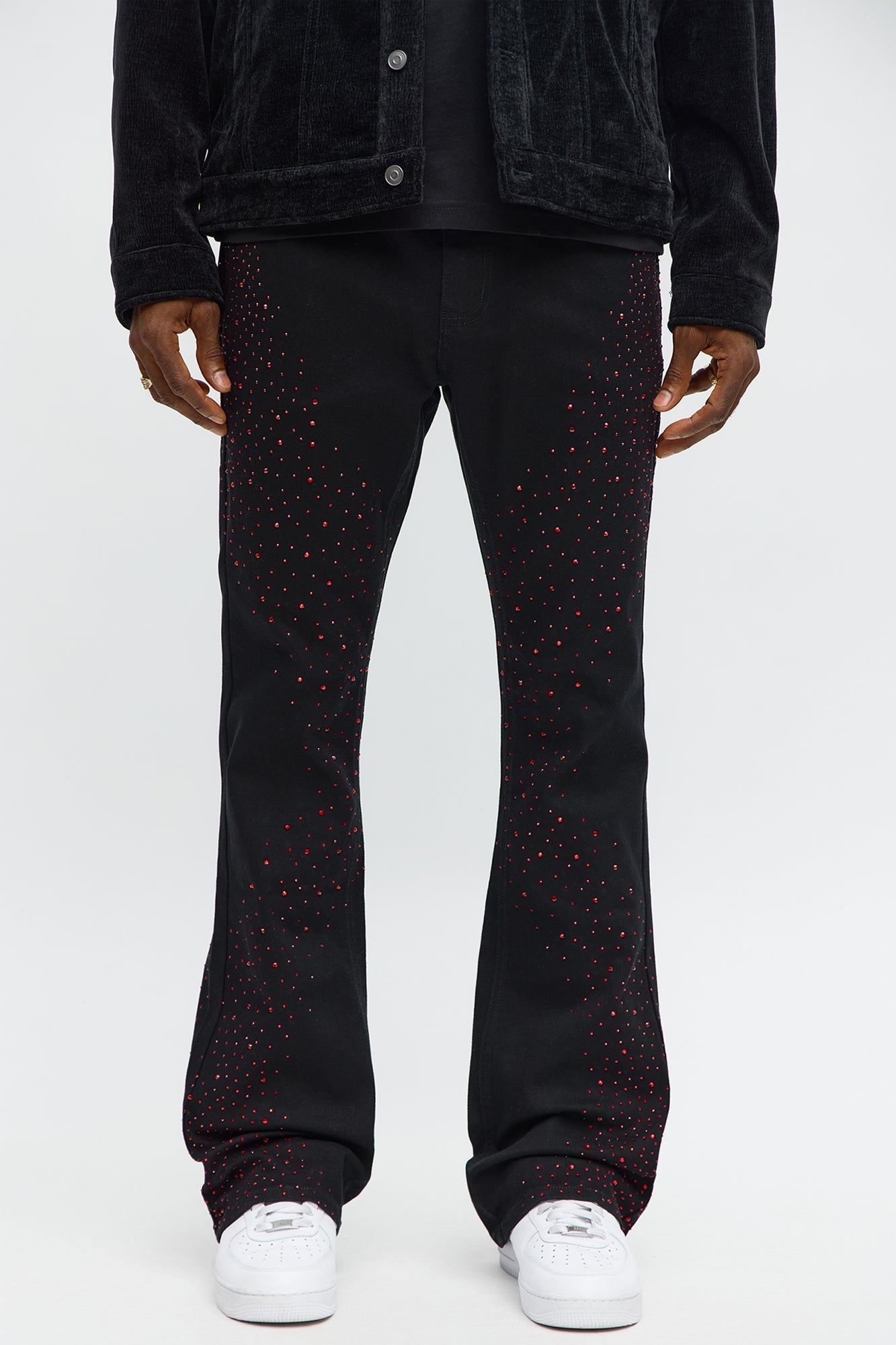 Stacked Skinny Flare Be Jeweled Up Pants - Black/Red Fashion Nova