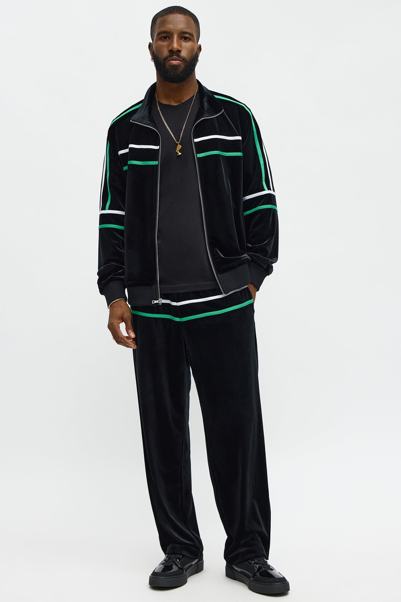 Velour Piped Courtside Straight Track Pant - Black/Green Fashion Nova