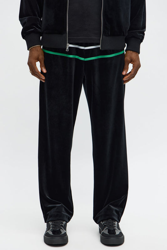 Velour Piped Courtside Straight Track Pant - Black/Green Fashion Nova