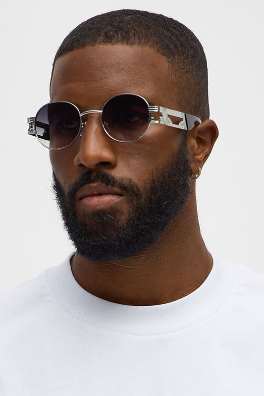 Sleek Oval Metal Frame Sunglasses - Black/Silver Fashion Nova
