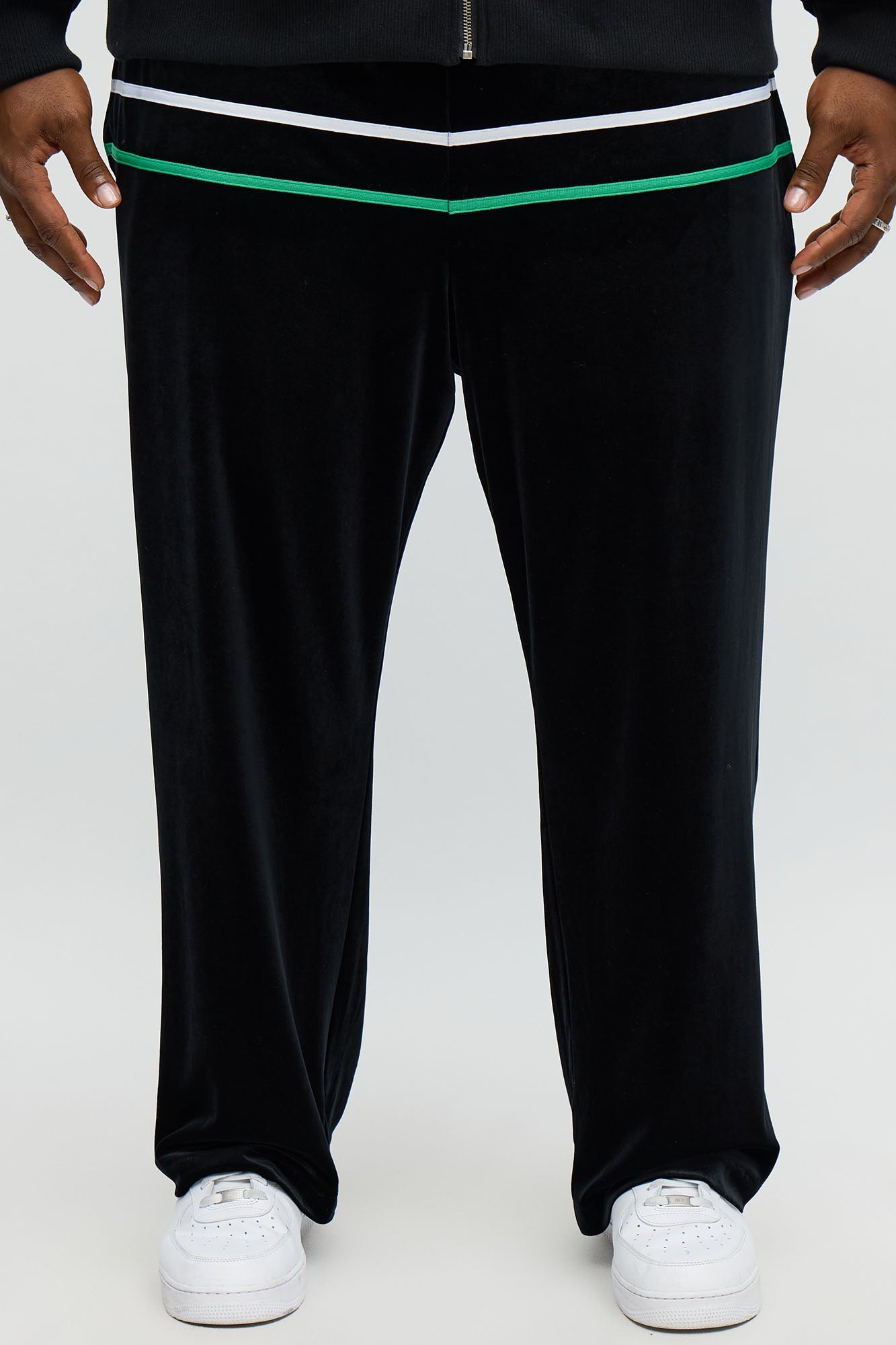 Velour Piped Courtside Straight Track Pant - Black/Green Fashion Nova