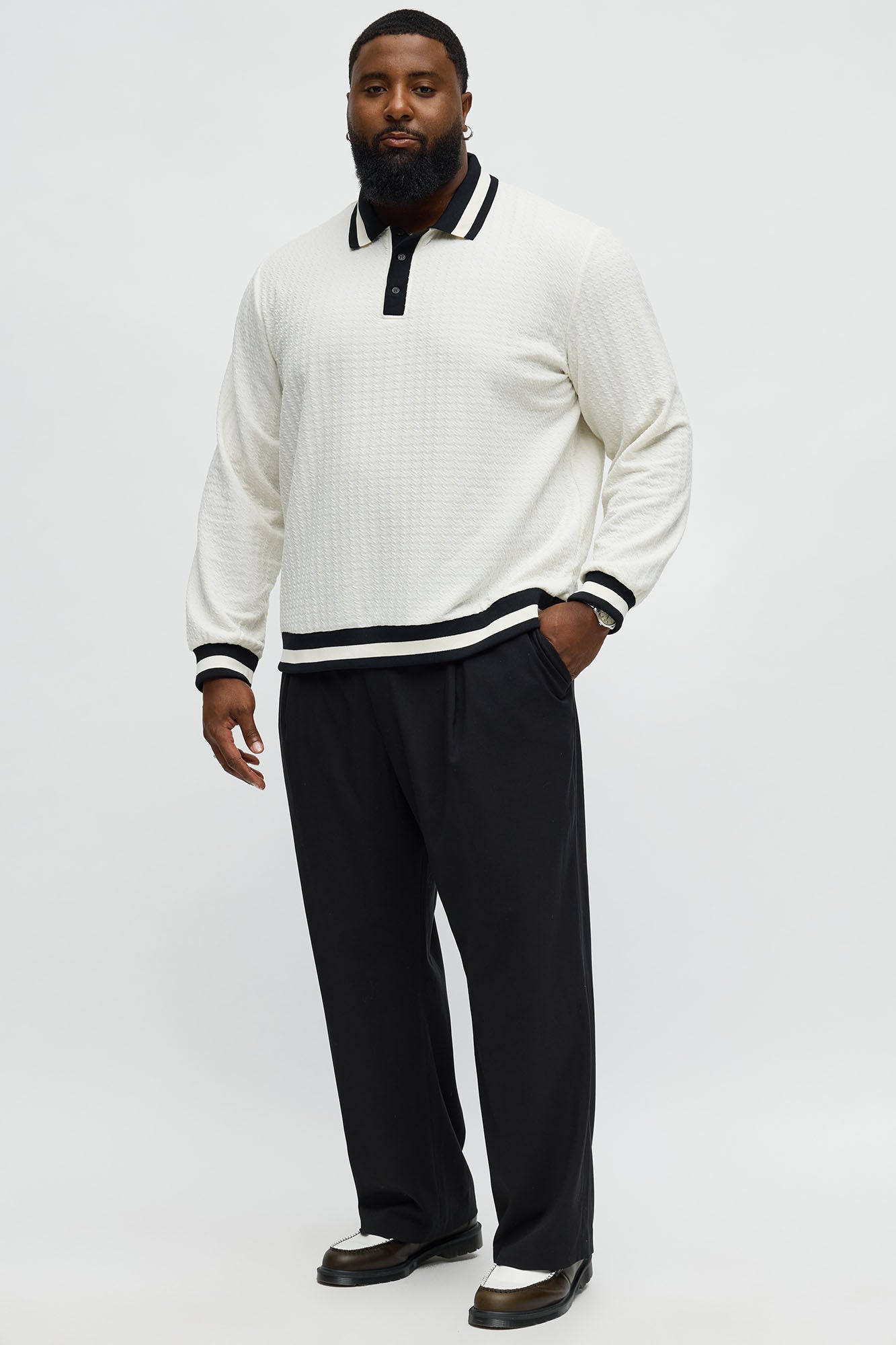 Andrew Textured Knit Long Sleeve Polo - Cream/combo Fashion Nova