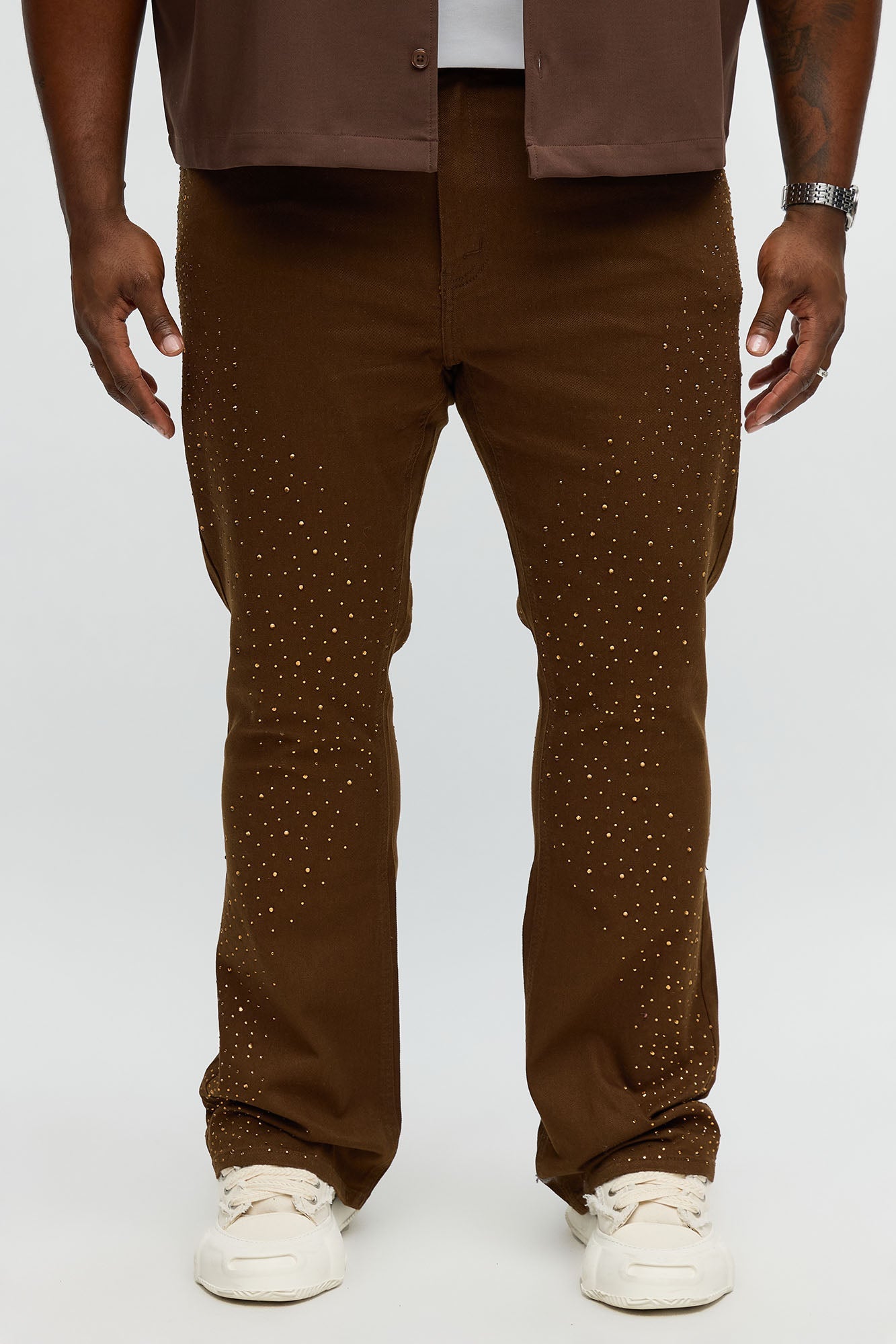 Stacked Skinny Flare Be Jeweled Up Pants - Brown Fashion Nova