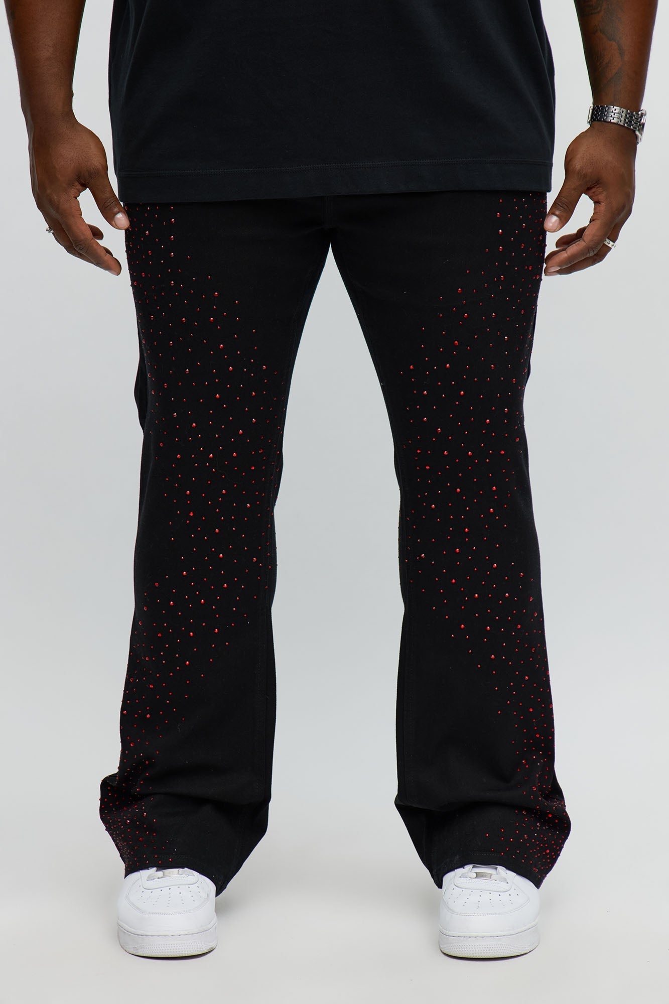 Stacked Skinny Flare Be Jeweled Up Pants - Black/Red Fashion Nova