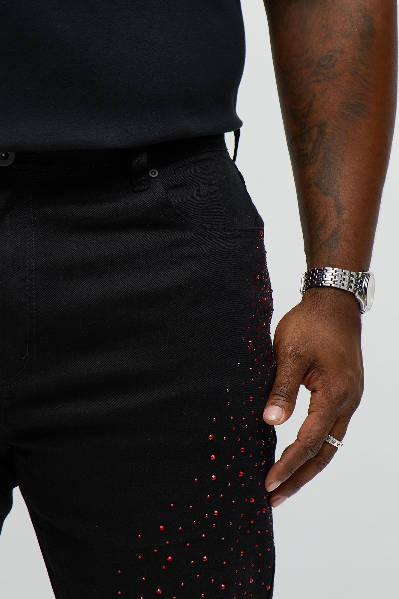 Stacked Skinny Flare Be Jeweled Up Pants - Black/Red Fashion Nova