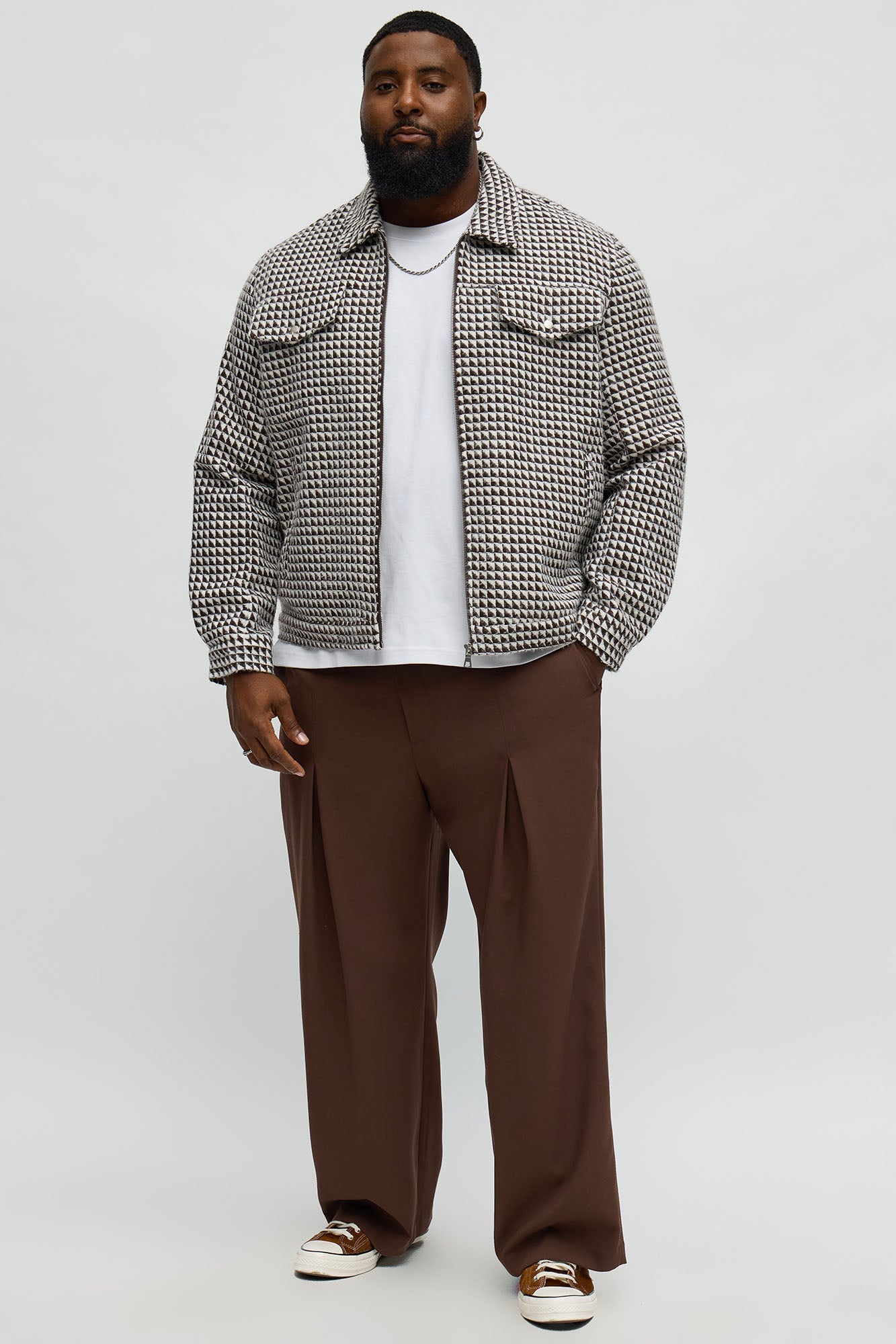 Textured Geometric Zip Jacket - Brown/combo Fashion Nova