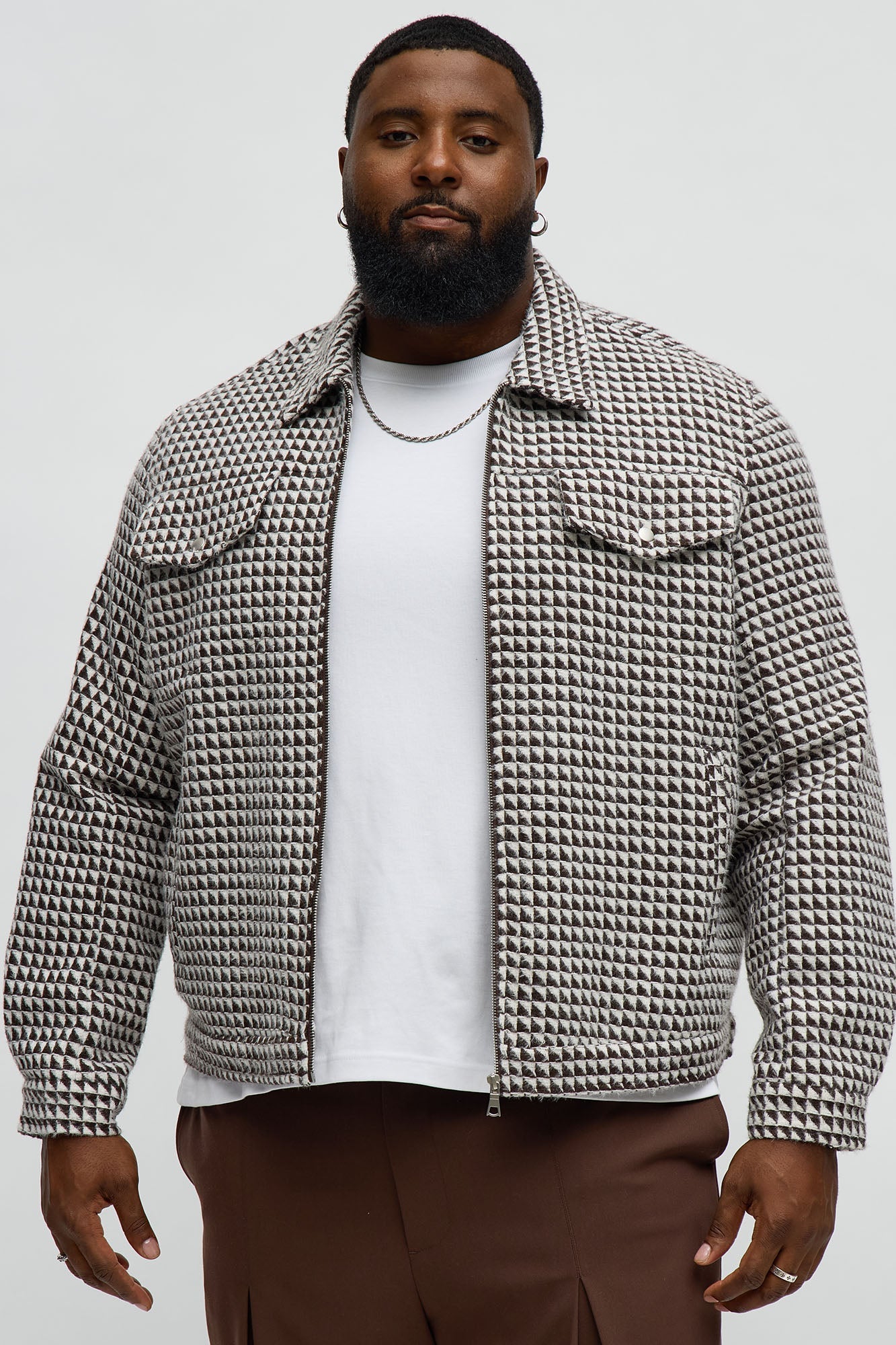 Textured Geometric Zip Jacket - Brown/combo Fashion Nova