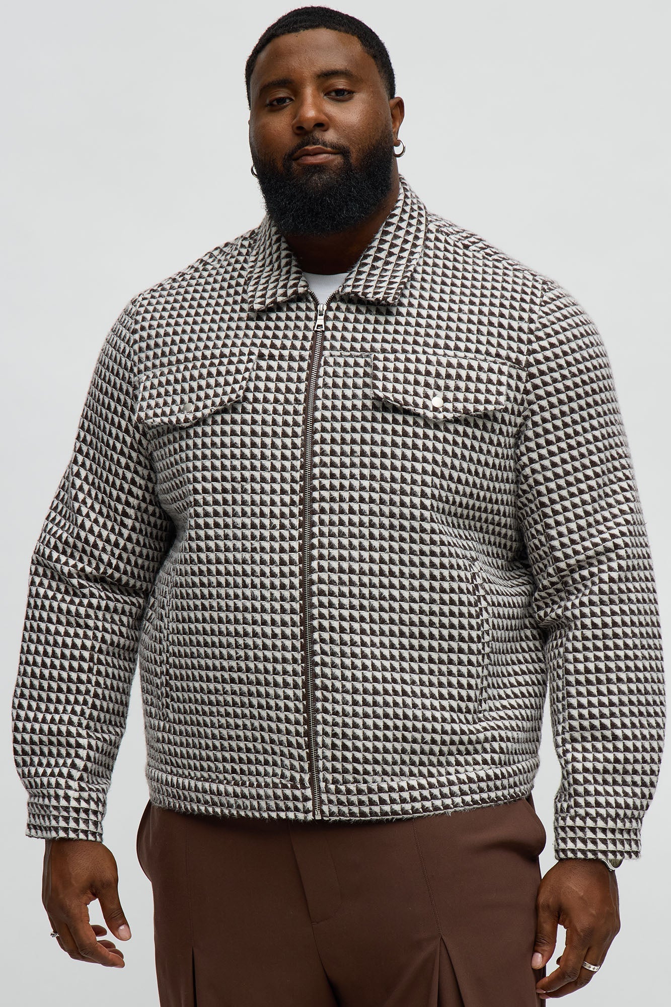 Textured Geometric Zip Jacket - Brown/combo Fashion Nova