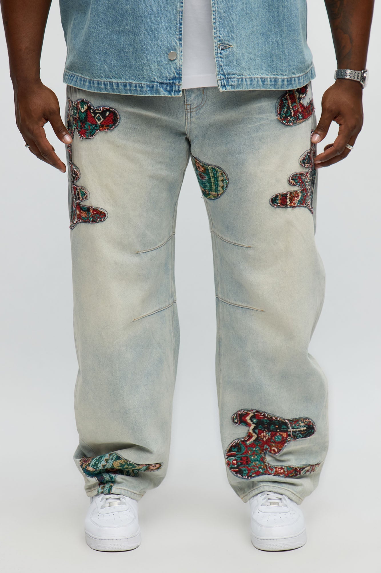 Barrel Patched Tapestry Jeans - Light Blue Wash Fashion Nova
