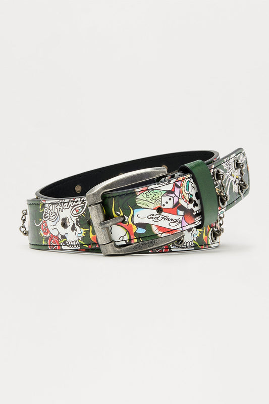 Ed Hardy Skull Tattoo Belt With Chains - Olive Fashion Nova
