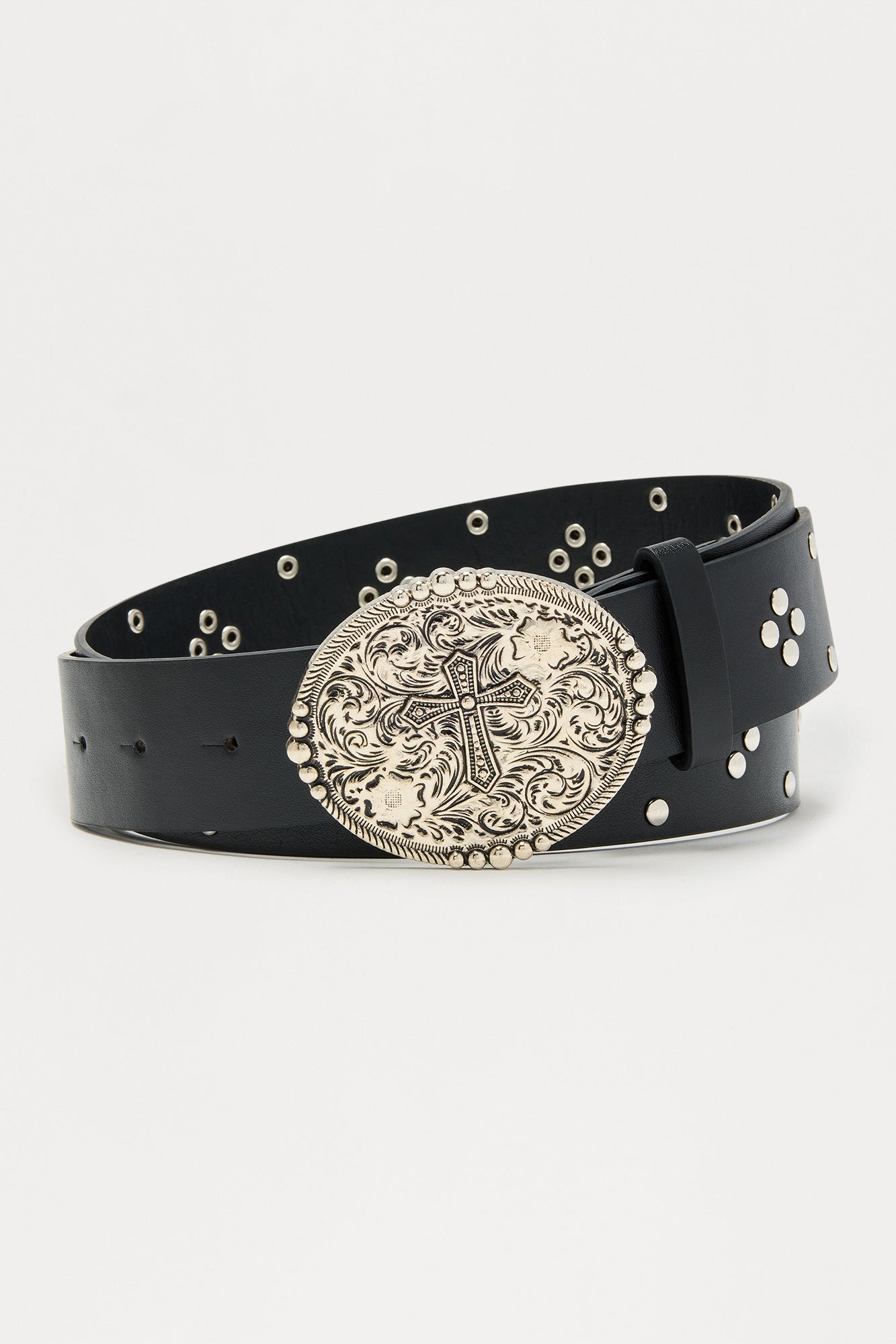 Cross Buckle Studded Faux Leather Belt - Black Fashion Nova