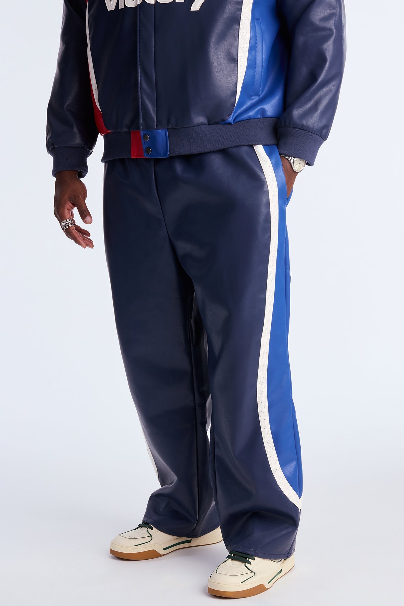 Straight King Faux Leather Moto Pant - Navy/combo Fashion Nova