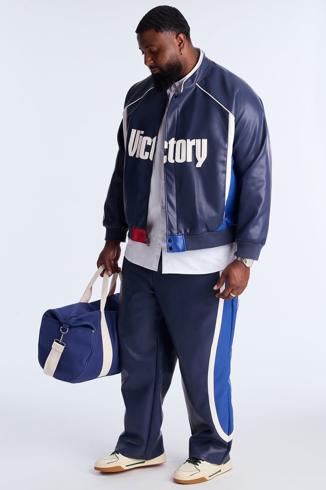 Straight King Faux Leather Moto Pant - Navy/combo Fashion Nova
