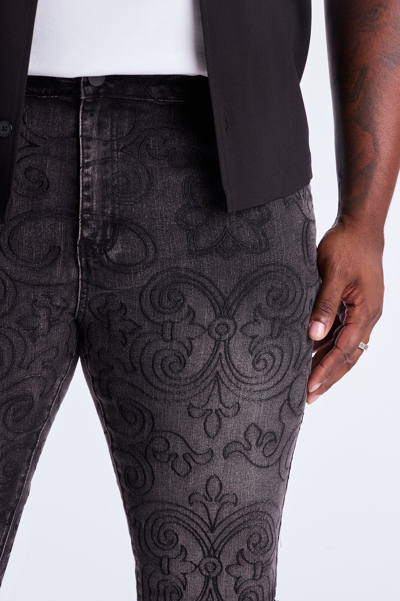 Stacked Skinny Flare Mystic Embroidered Jean - Black Wash Fashion Nova