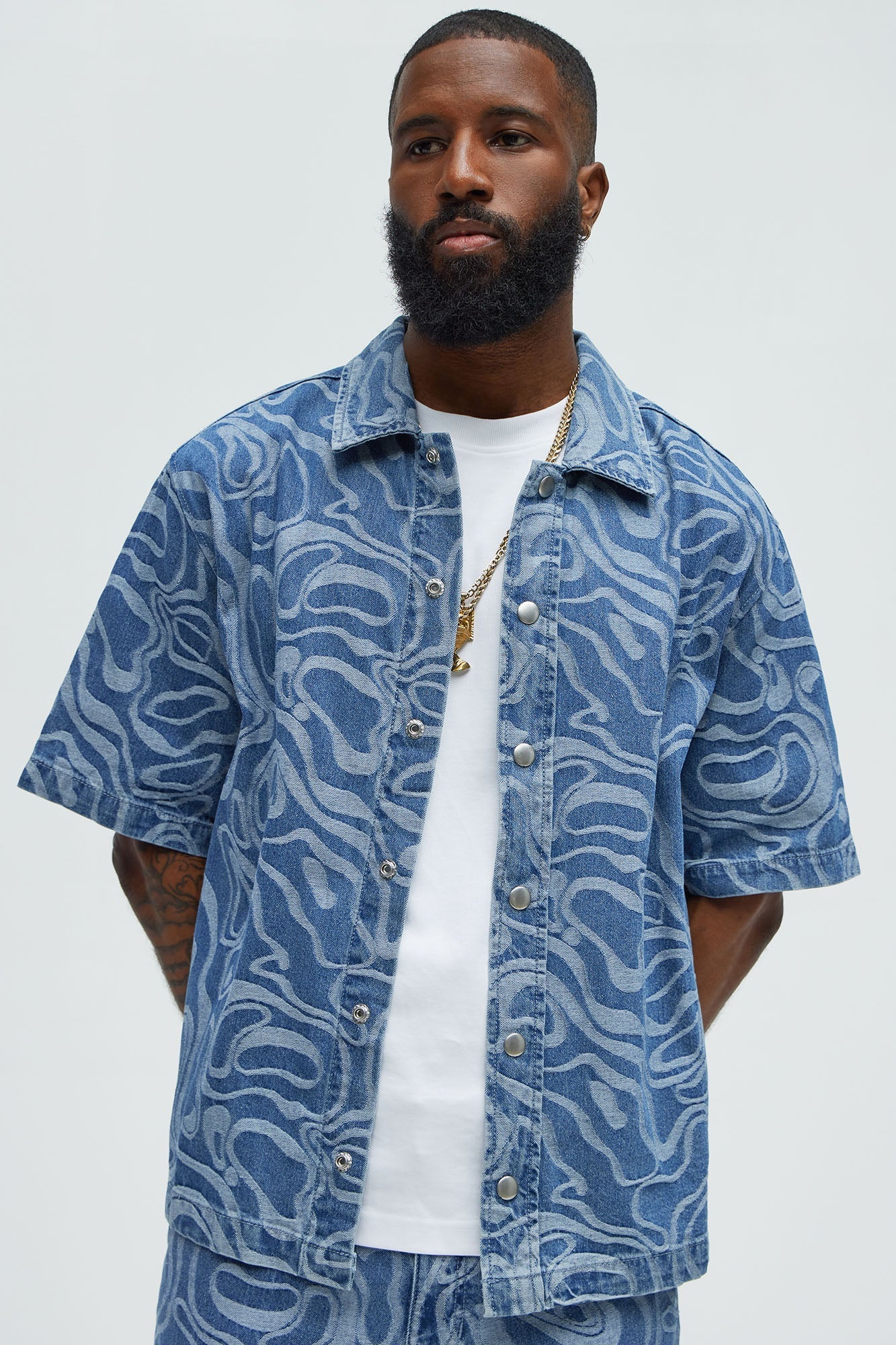 Fingerprints Swirl Denim Shirt - Medium Blue Wash Fashion Nova