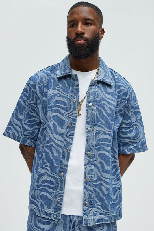 Fingerprints Swirl Denim Shirt - Medium Blue Wash Fashion Nova