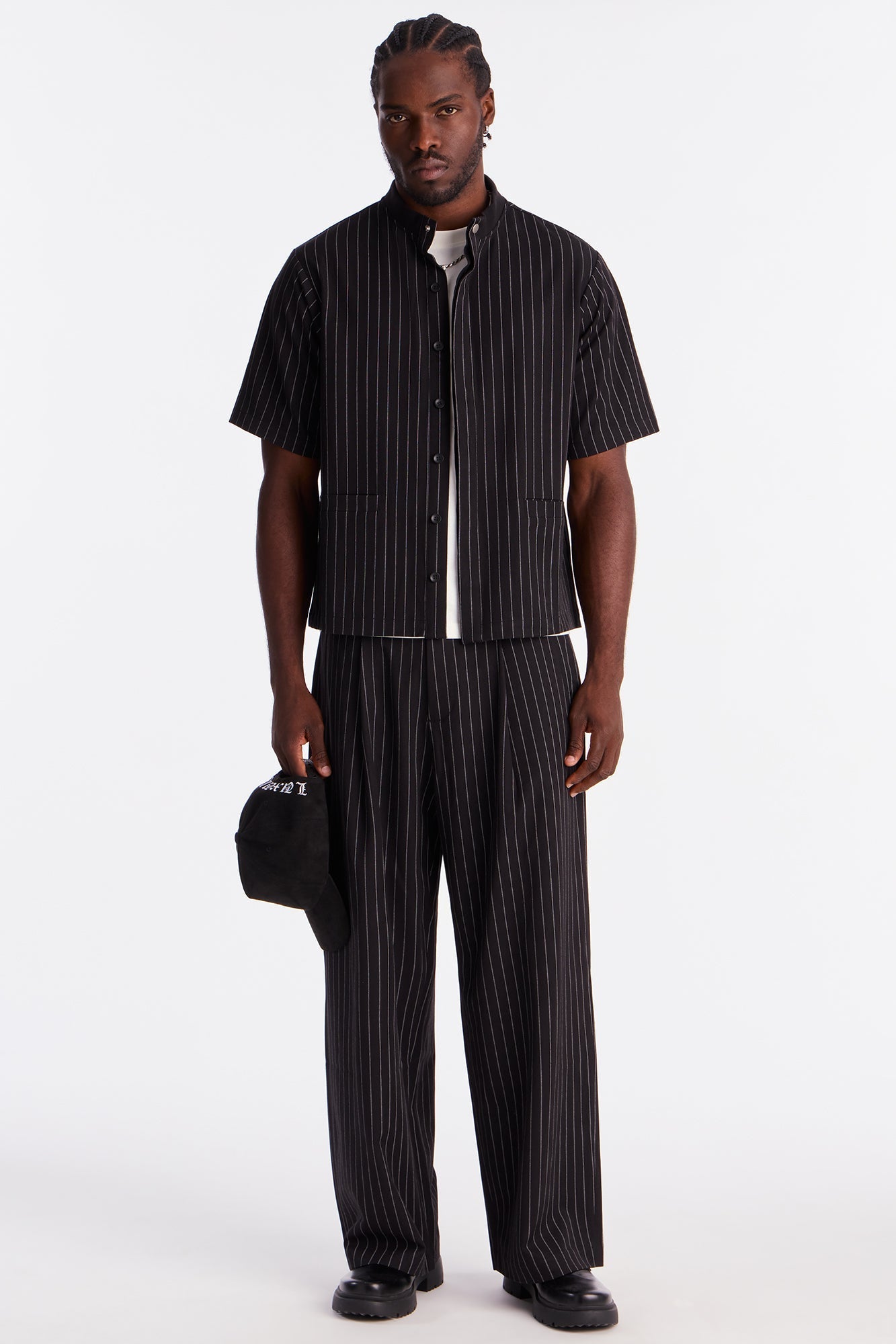 Straight Striped Mandarin Short Sleeve Shirt - Black Fashion Nova