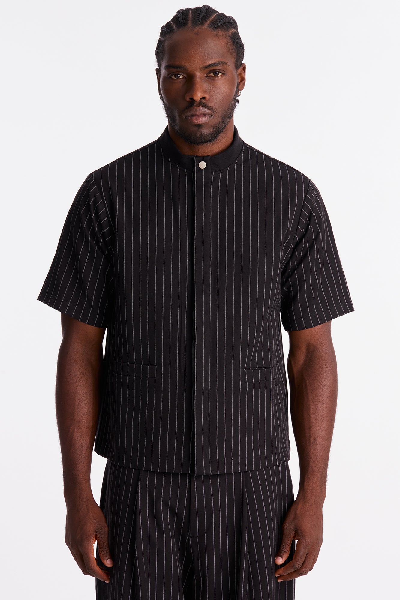 Straight Striped Mandarin Short Sleeve Shirt - Black Fashion Nova