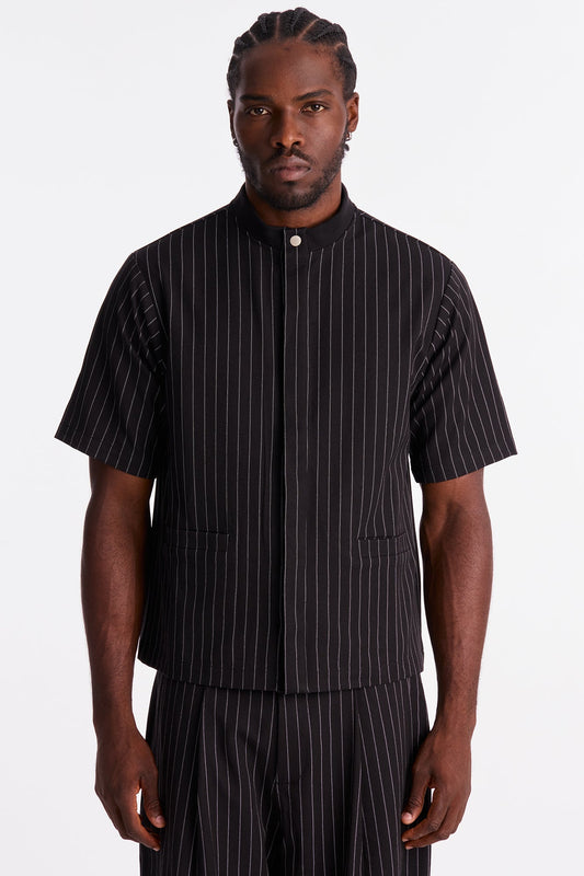 Straight Striped Mandarin Short Sleeve Shirt - Black Fashion Nova