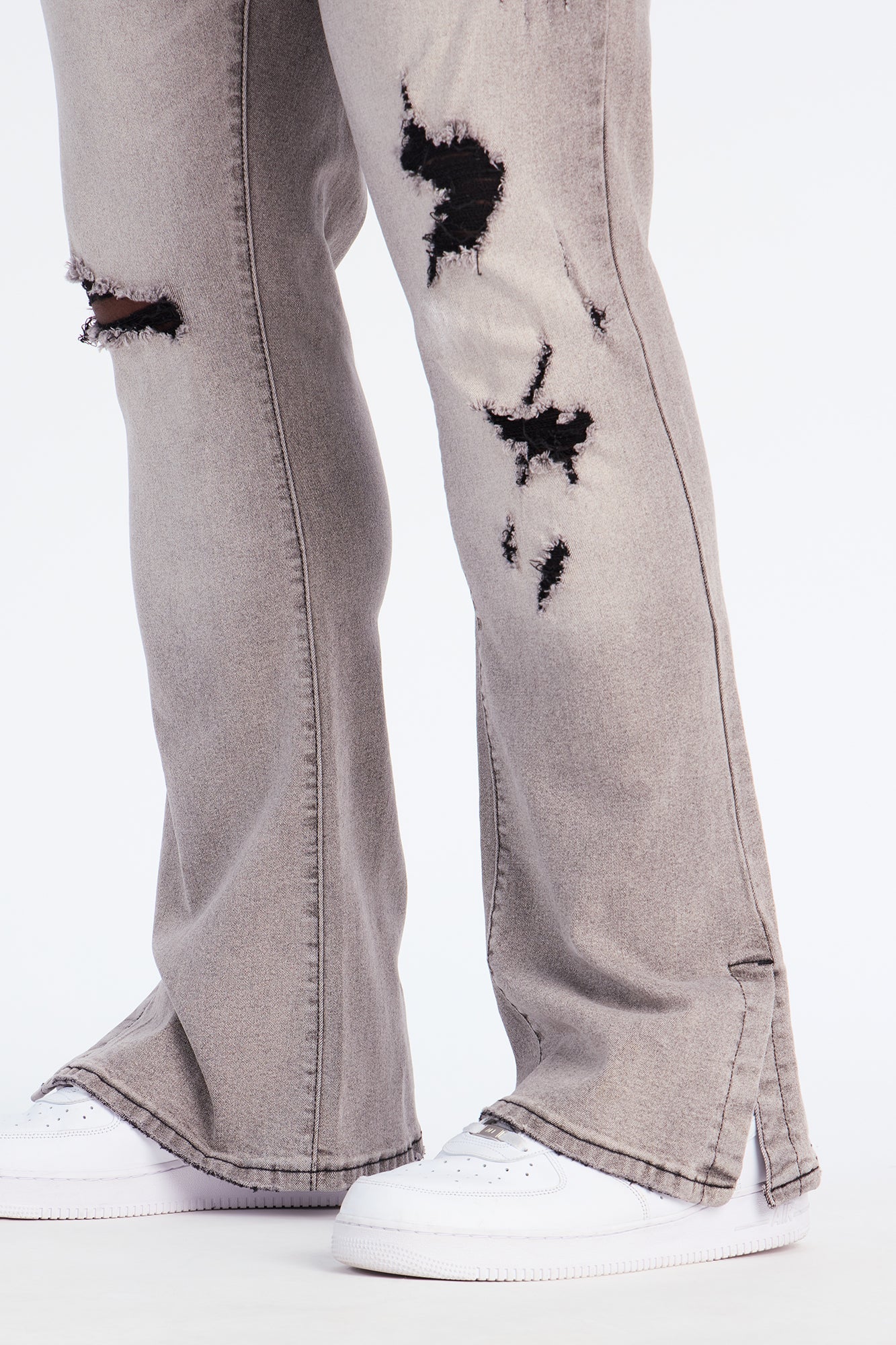 Stacked Skinny Flare Slit Dare Me Distressed Jean - Grey Fashion Nova
