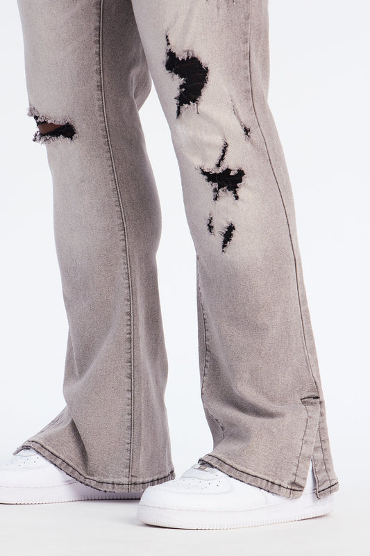 Stacked Skinny Flare Slit Dare Me Distressed Jean - Grey Fashion Nova