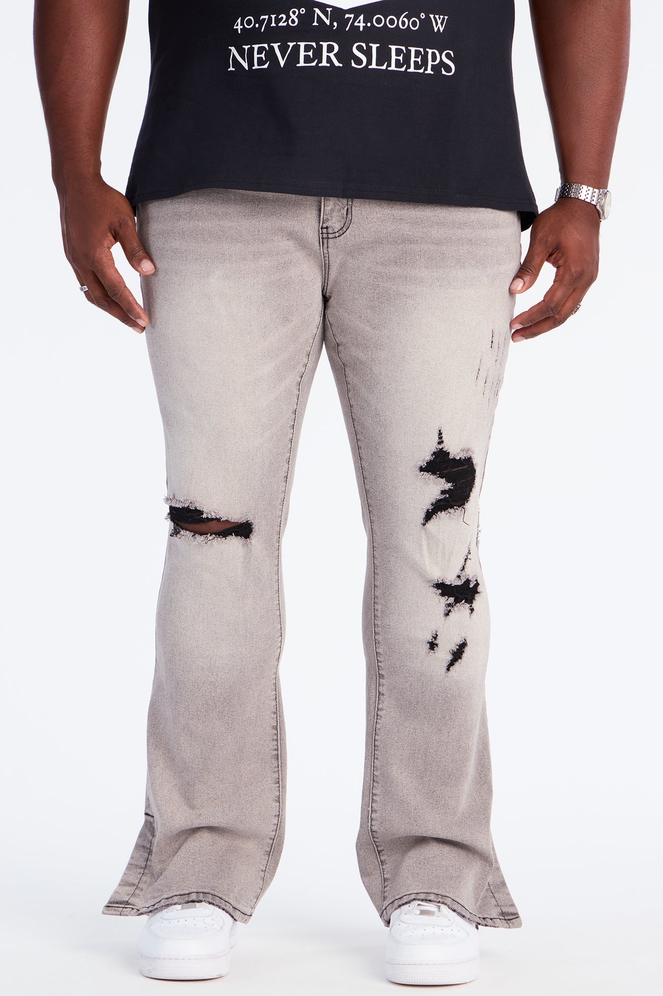 Stacked Skinny Flare Slit Dare Me Distressed Jean - Grey Fashion Nova