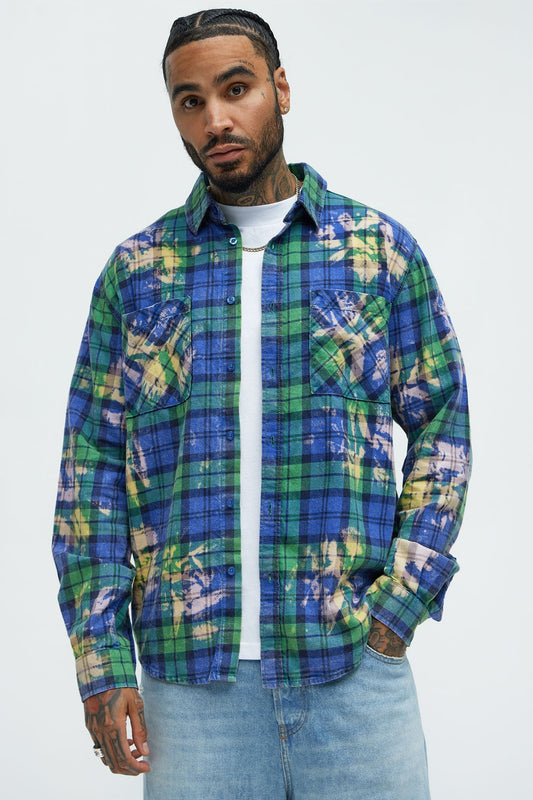 Ekon Bleached Plaid Shirt - Blue/combo Fashion Nova