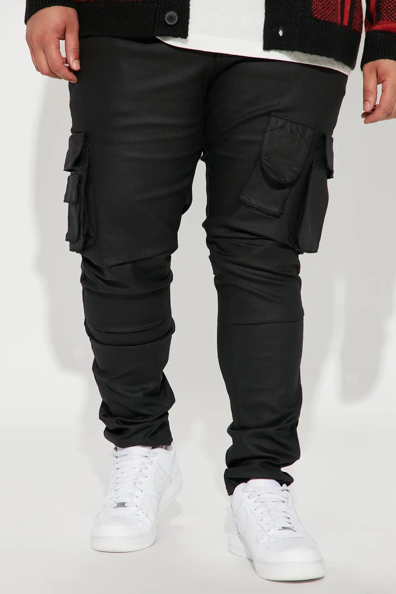 Flap Pockets Waxed Stacked Skinny Cargo Jeans - Black Fashion Nova