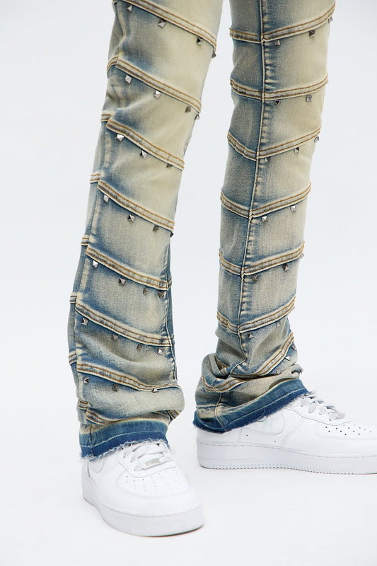 Stacked Skinny Flare Studded On Panels Jean - Vintage Blue Wash Fashion Nova