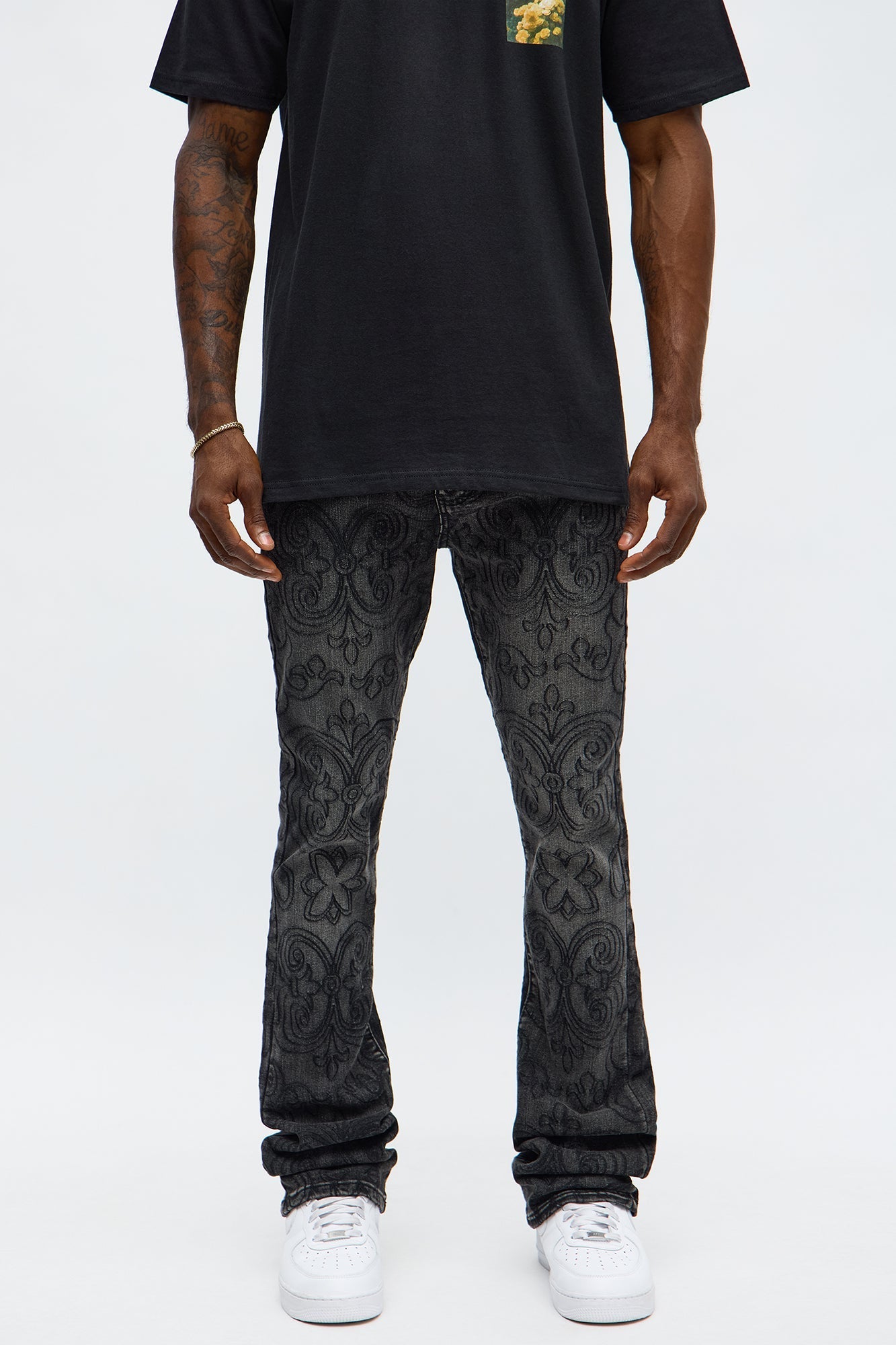 Stacked Skinny Flare Mystic Embroidered Jean - Black Wash Fashion Nova