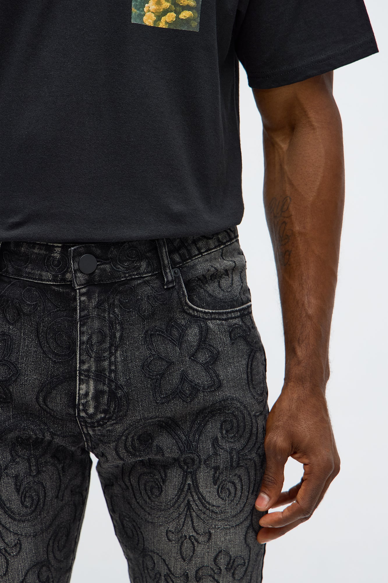 Stacked Skinny Flare Mystic Embroidered Jean - Black Wash Fashion Nova