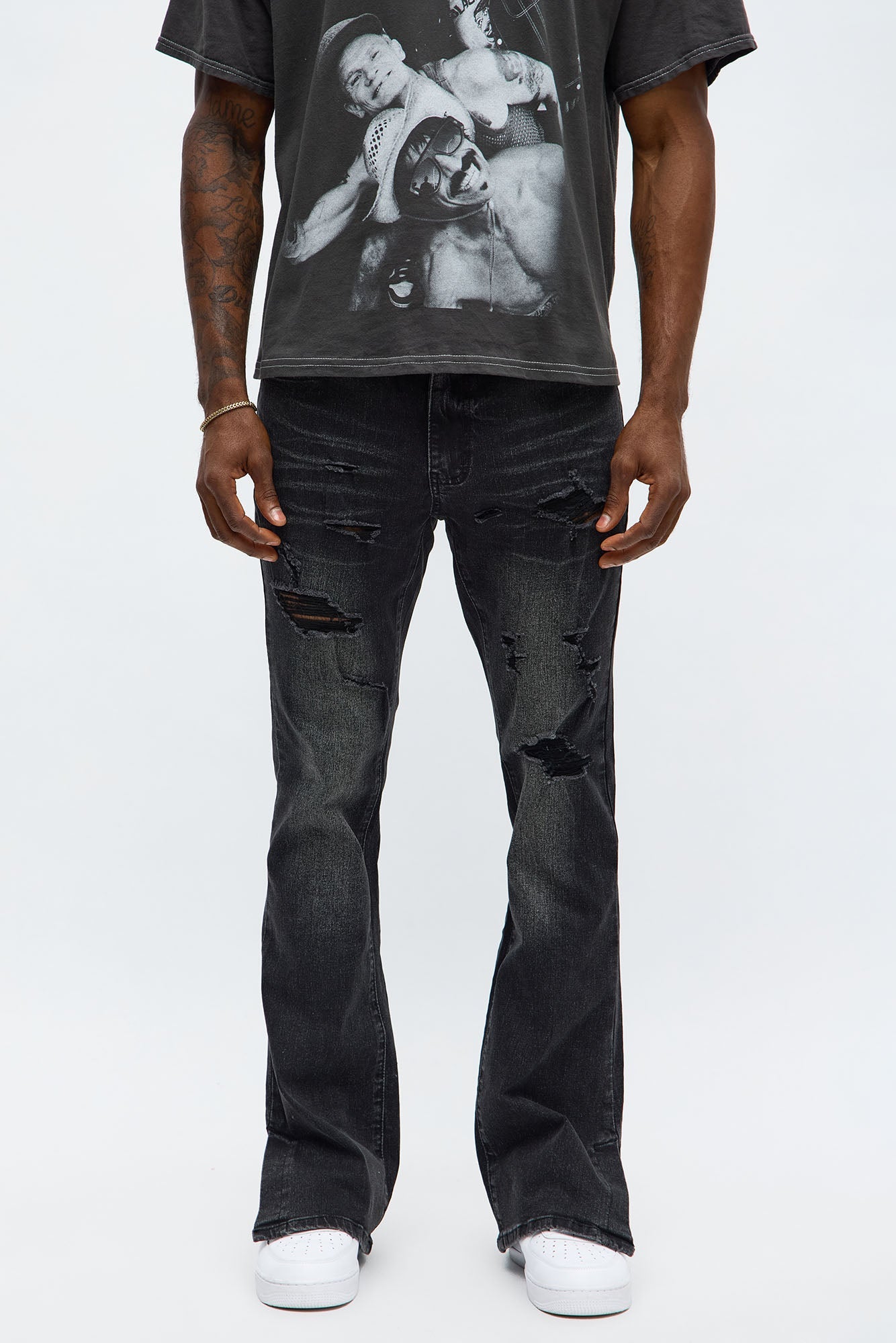Stacked Skinny Flare Slit Let's Go Distressed Jean - Black Wash Fashion Nova