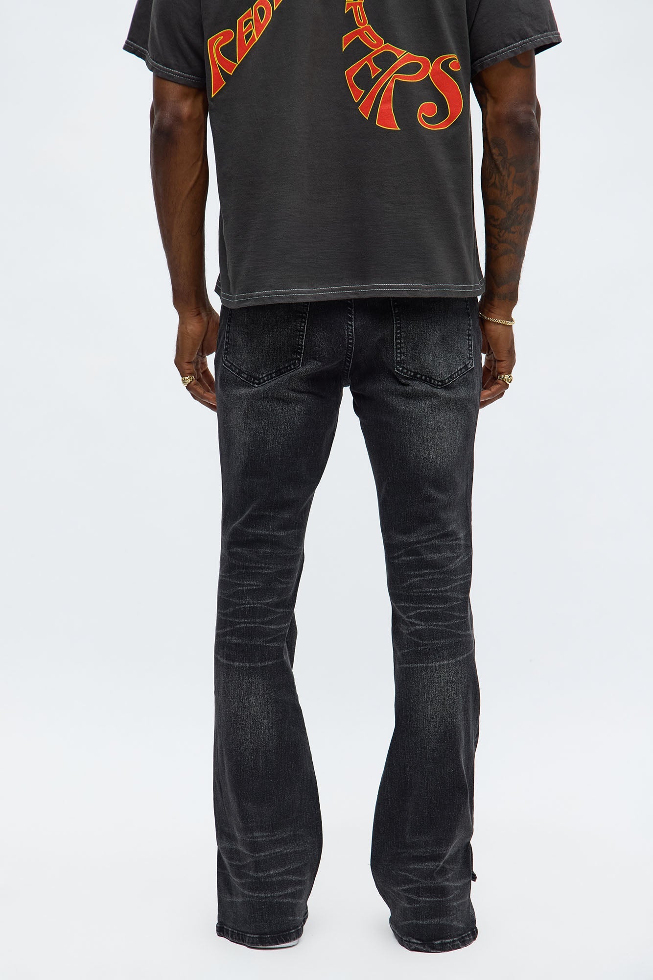 Stacked Skinny Flare Slit Let's Go Distressed Jean - Black Wash Fashion Nova