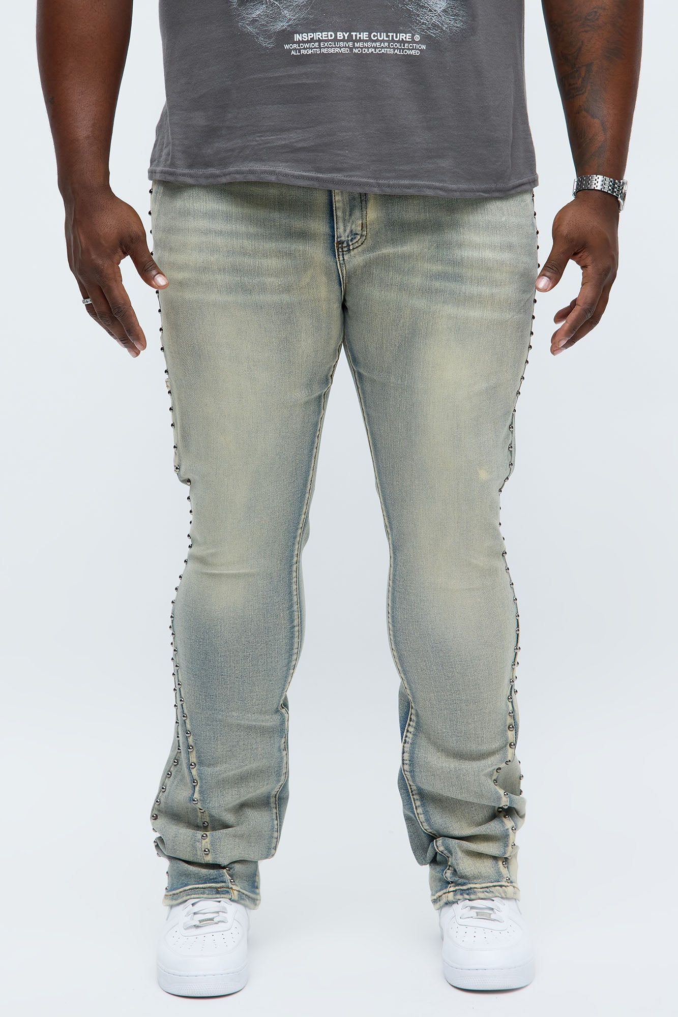 Stacked Skinny Flare Studded Panel Jean - Light Wash Fashion Nova