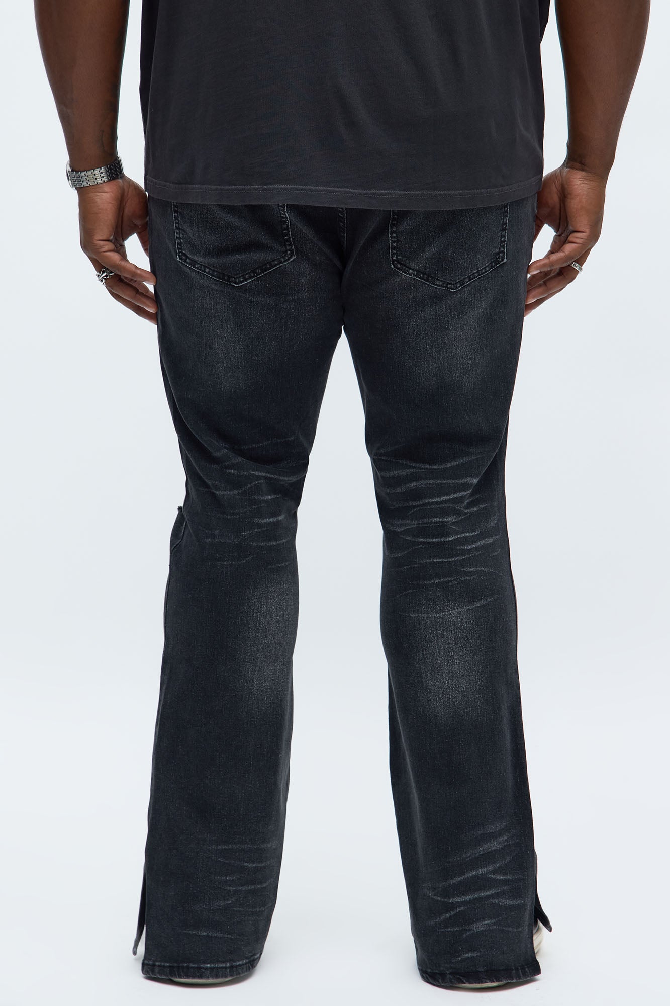 Stacked Skinny Flare Slit Let's Go Distressed Jean - Black Wash Fashion Nova